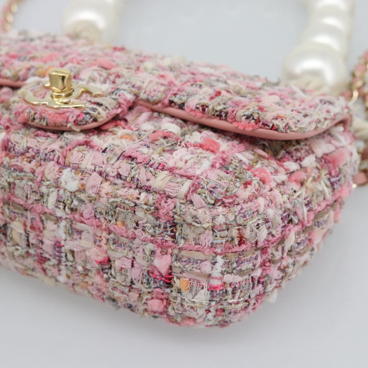 CHANEL Chain Shoulder Bag Tweed 2way Pink Gold CC Auth 191647SAM