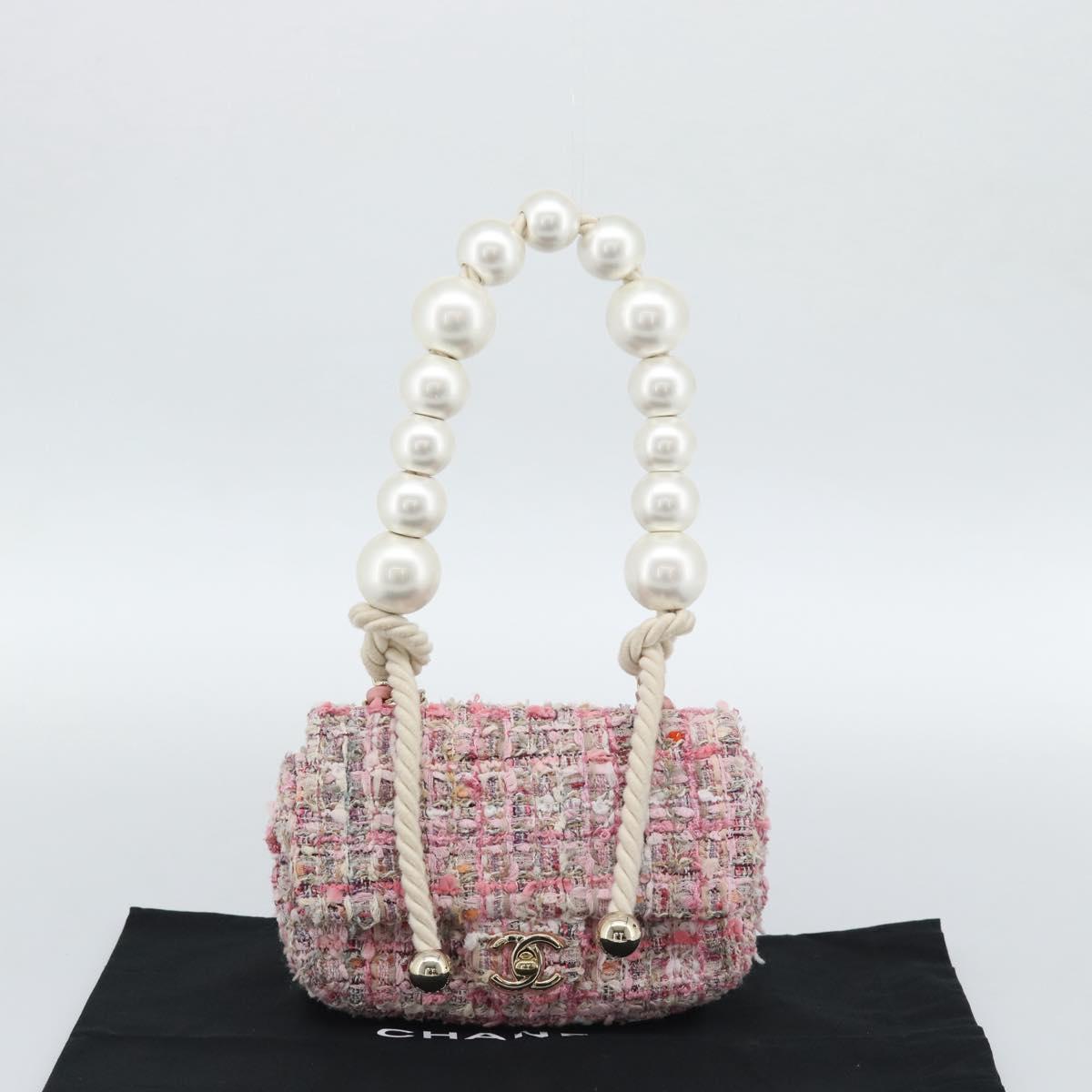 CHANEL Chain Shoulder Bag Tweed 2way Pink Gold CC Auth 191647SAM