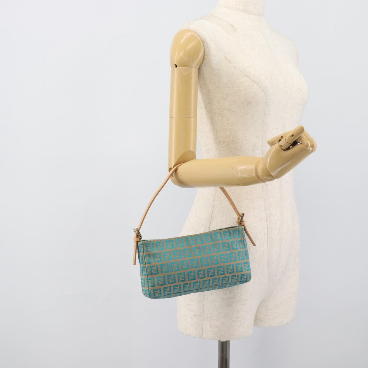 FENDI Zucchino Canvas Accessory Pouch Green Gold Auth 191651A