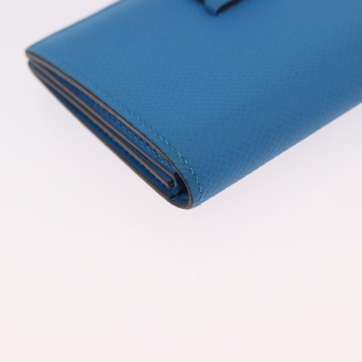 HERMES Bean Card Case Leather Blue Silver Auth 191663M