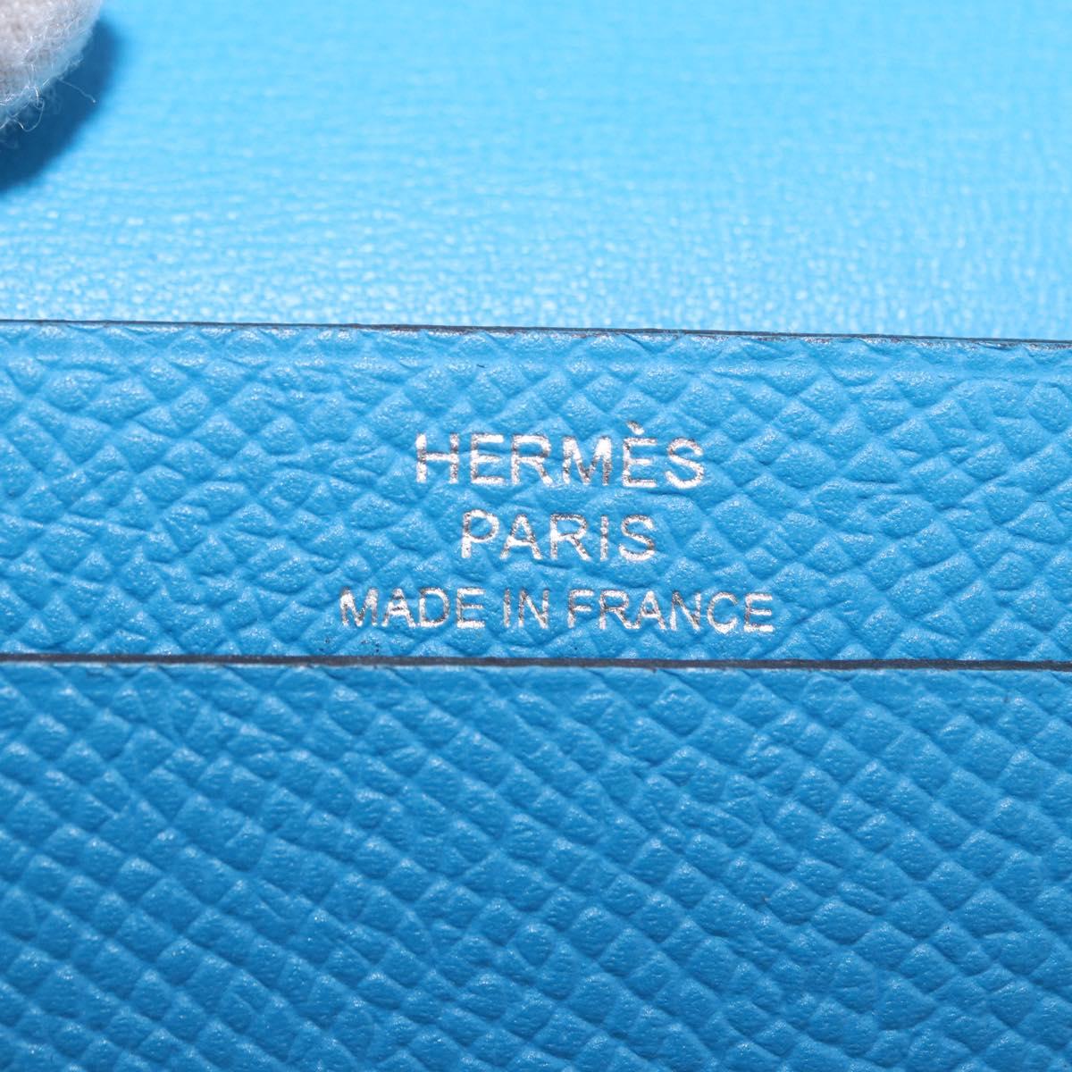 HERMES Bean Card Case Leather Blue Silver Auth 191663M