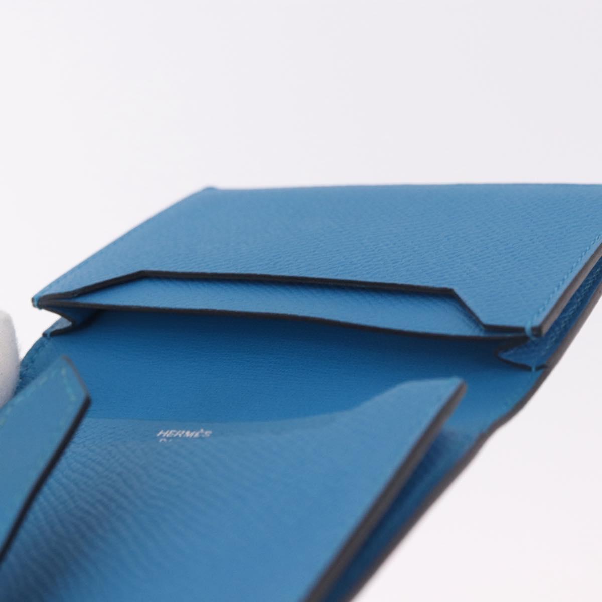 HERMES Bean Card Case Leather Blue Silver Auth 191663M