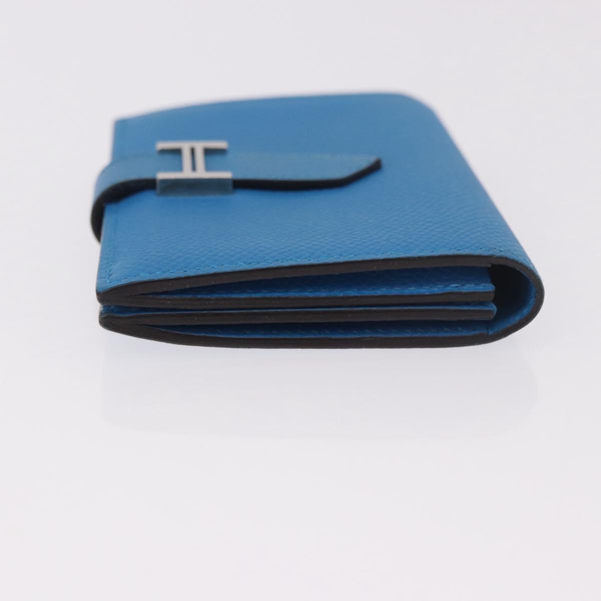 HERMES Bean Card Case Leather Blue Silver Auth 191663M
