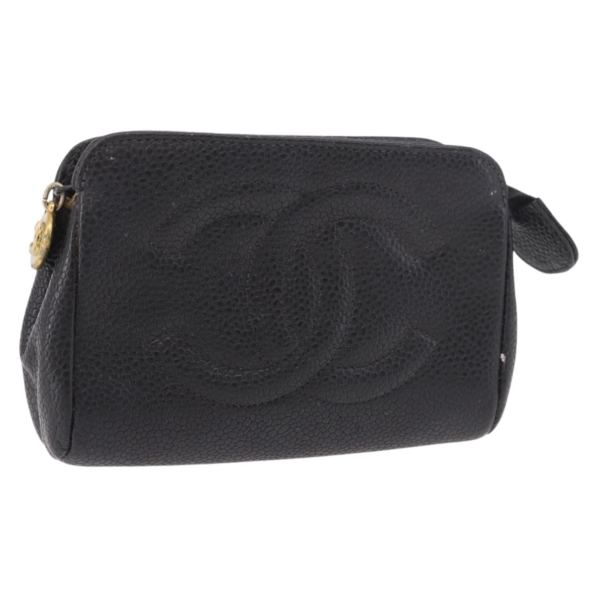 CHANEL COCO Mark Pouch Caviar Skin Black Gold CC Auth 191678