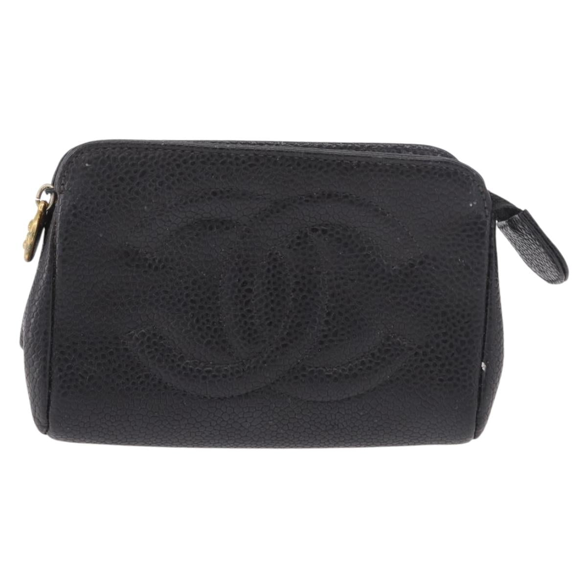 CHANEL COCO Mark Pouch Caviar Skin Black Gold CC Auth 191678