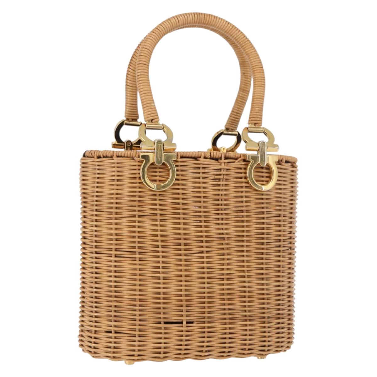 Salvatore Ferragamo Rattan Gancini Hand Bag Brown Gold Auth 191683V