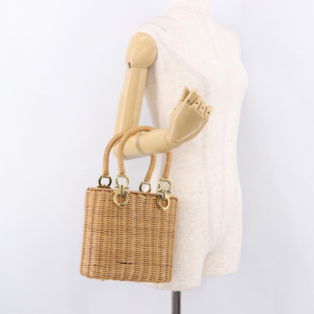 Salvatore Ferragamo Rattan Gancini Hand Bag Brown Gold Auth 191683V