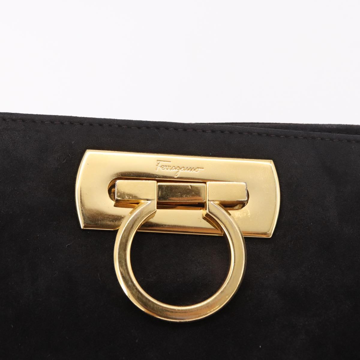 Salvatore Ferragamo Gancini Chain Shoulder Bag Suede Black Gold Auth 191696