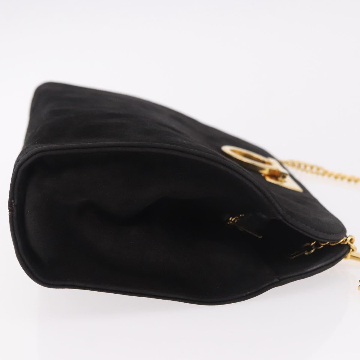 Salvatore Ferragamo Gancini Chain Shoulder Bag Suede Black Gold Auth 191696