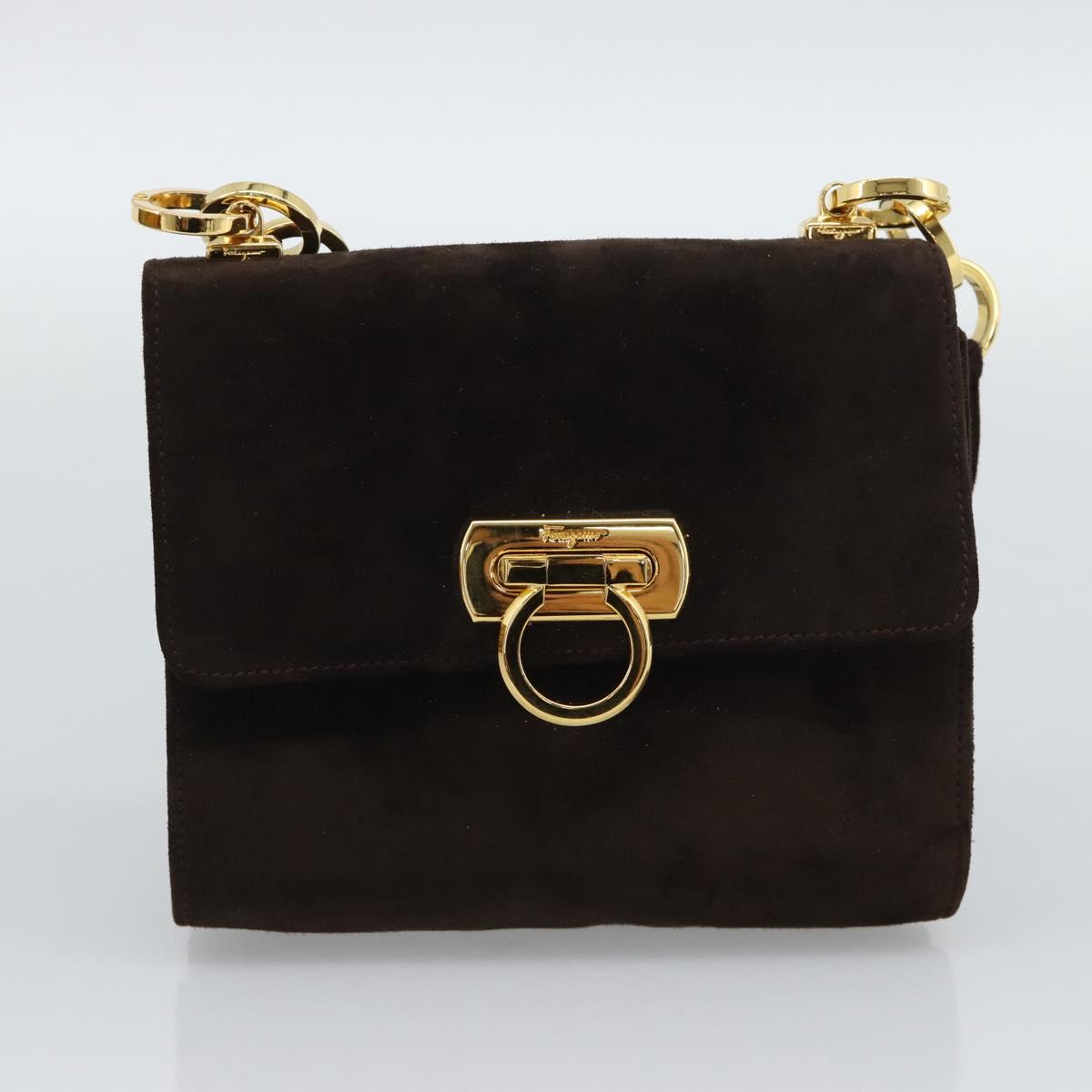 Salvatore Ferragamo Gancini Hand Bag PVC Suede 2 Set Black Brown Auth 191708