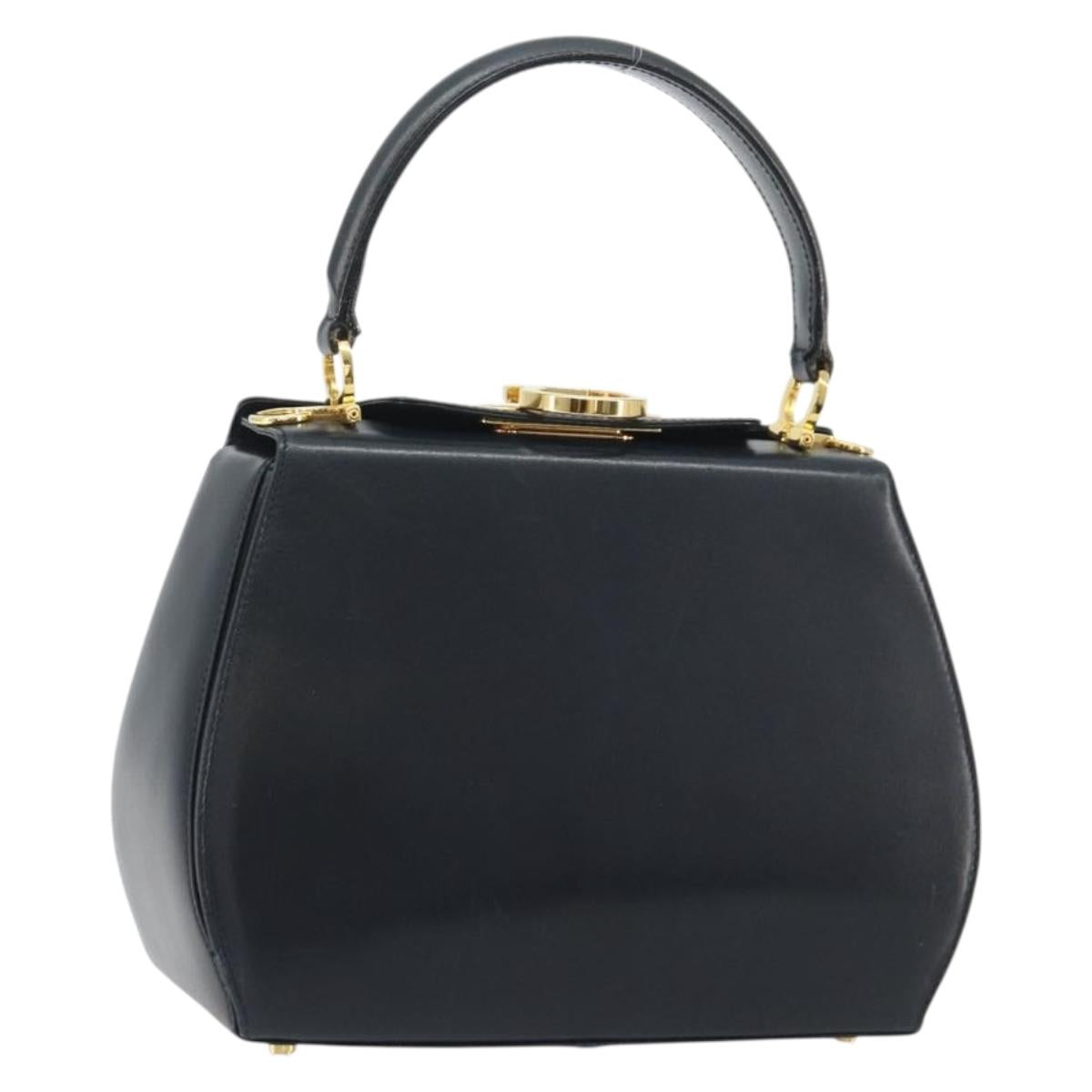 Salvatore Ferragamo Gancini Hand Bag Leather Navy Gold Tone Auth 191733A