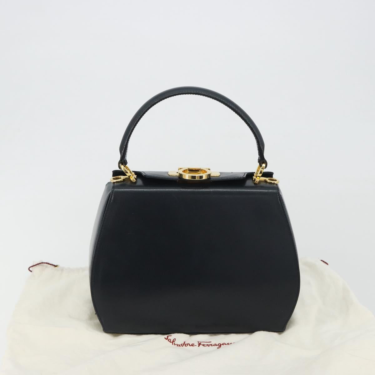 Salvatore Ferragamo Gancini Hand Bag Leather Navy Gold Tone Auth 191733A