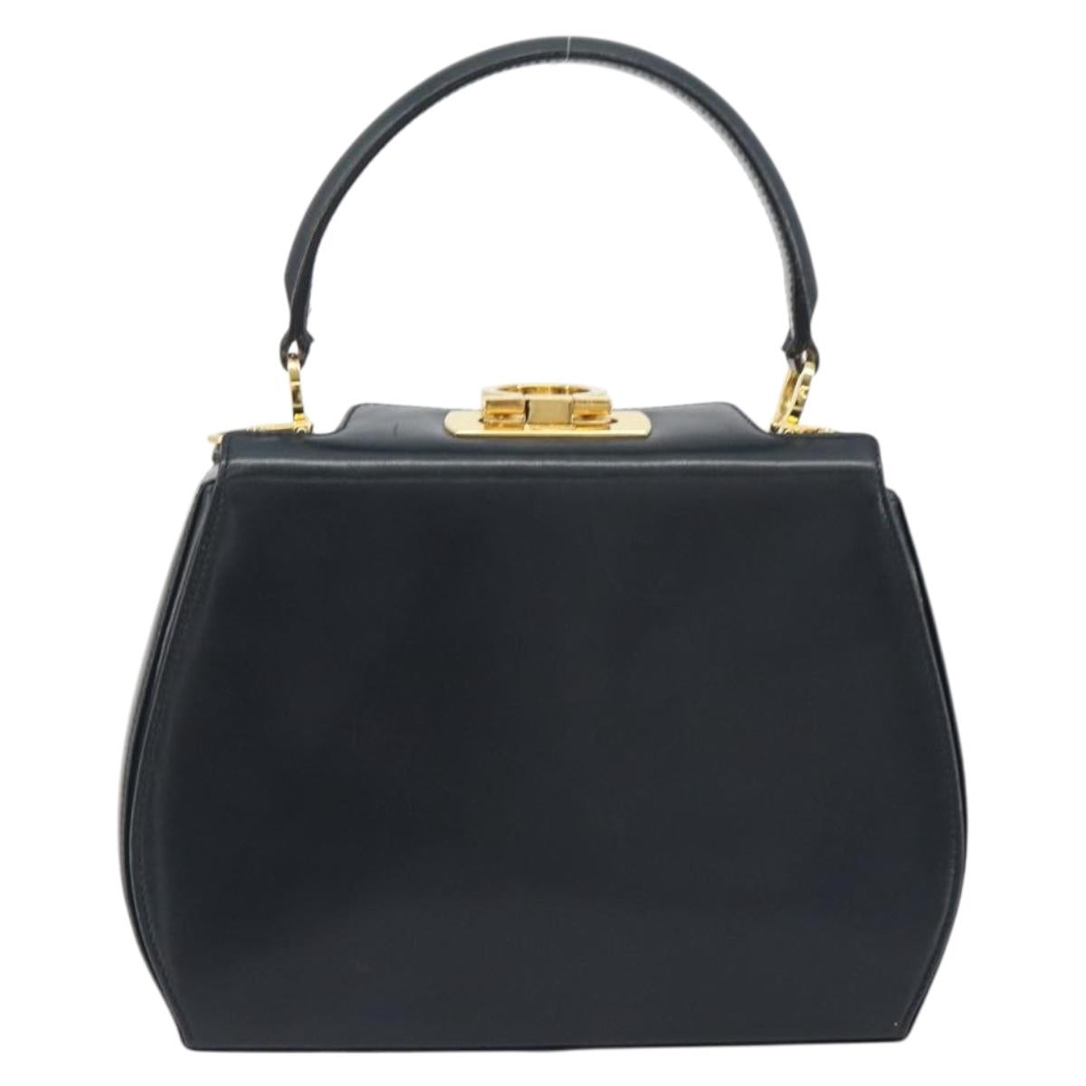 Salvatore Ferragamo Gancini Hand Bag Leather Navy Gold Tone Auth 191733A