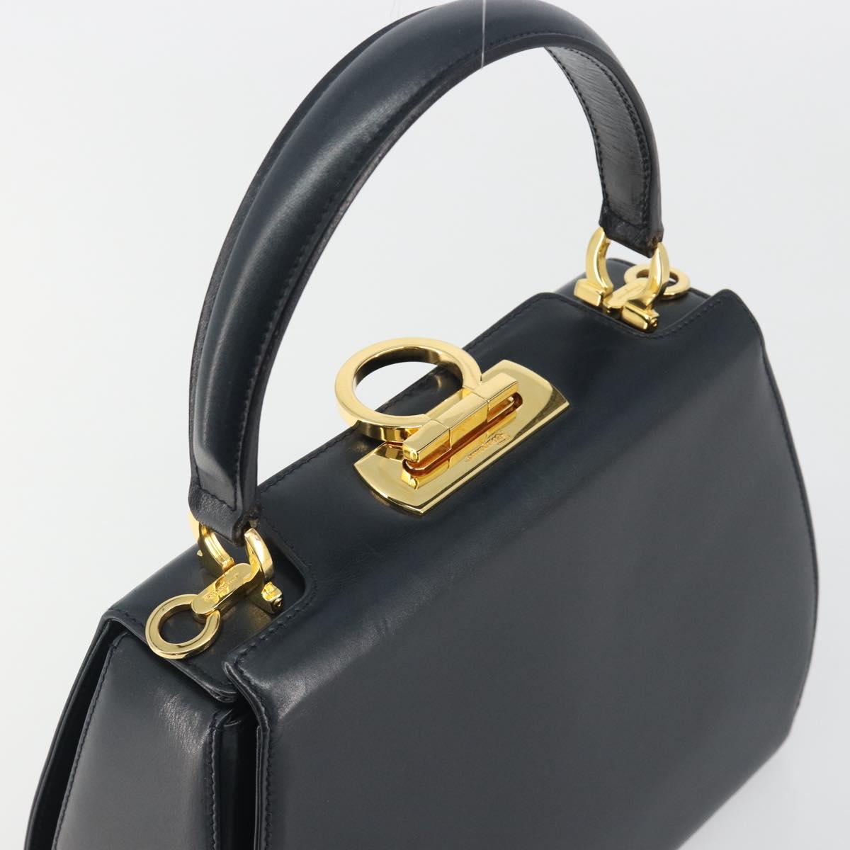 Salvatore Ferragamo Gancini Hand Bag Leather Navy Gold Tone Auth 191733A