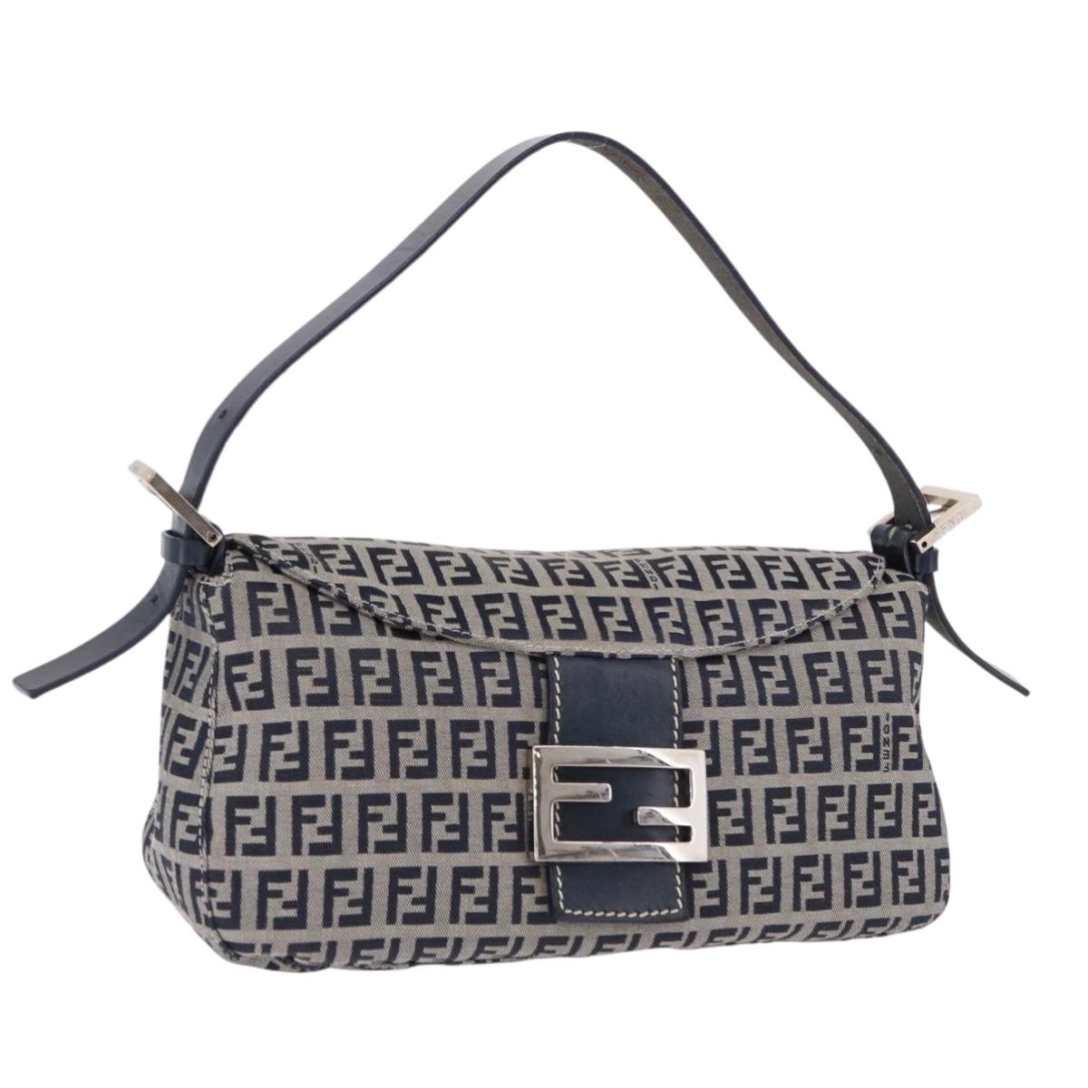 FENDI Zucchino Canvas Mamma Baguette Shoulder Bag Navy Silver Auth 191734V