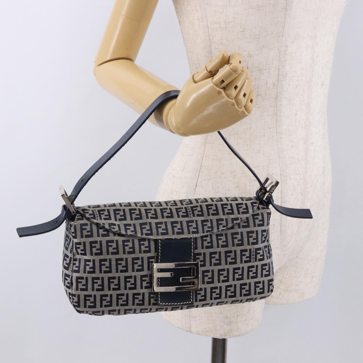 FENDI Zucchino Canvas Mamma Baguette Shoulder Bag Navy Silver Auth 191734V