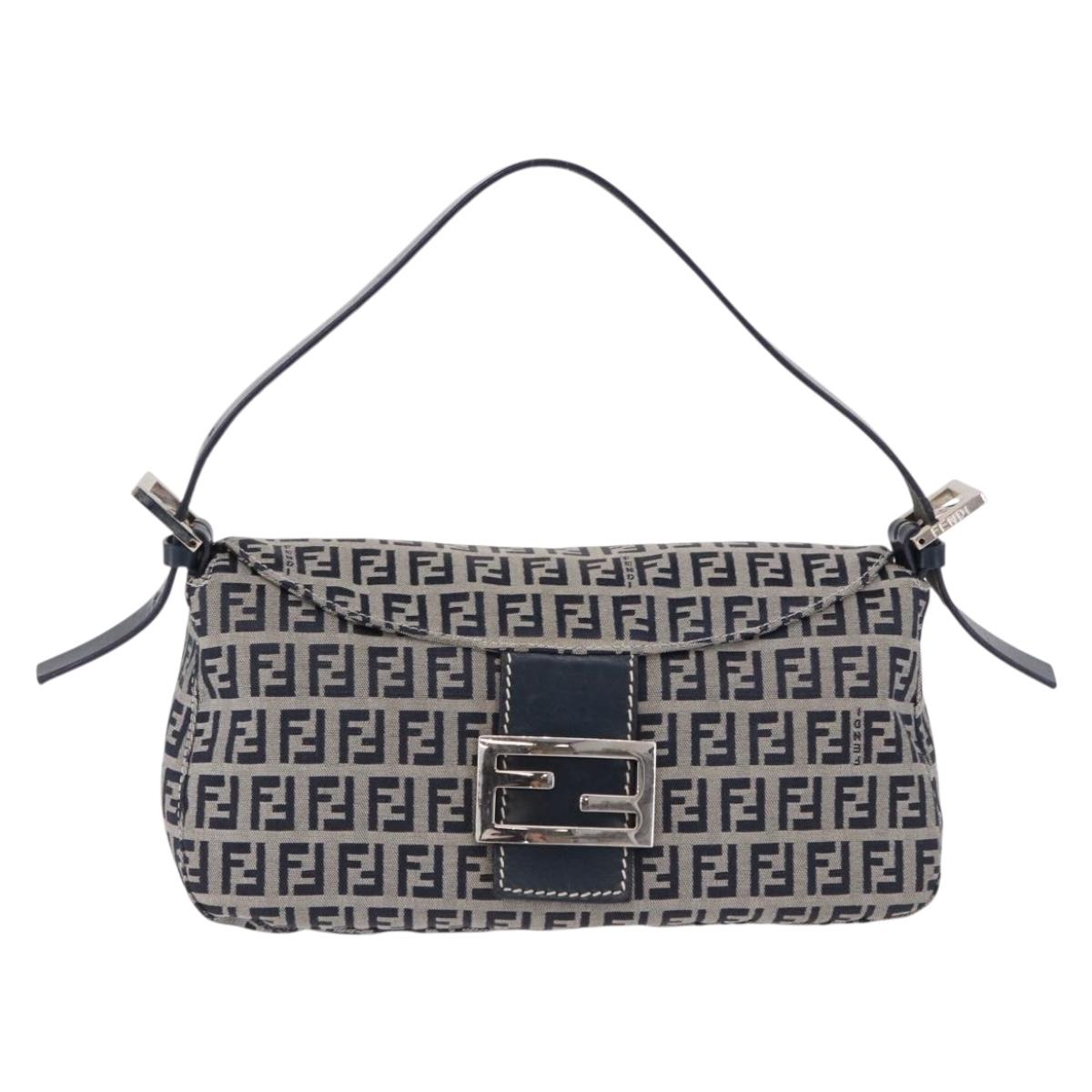 FENDI Zucchino Canvas Mamma Baguette Shoulder Bag Navy Silver Auth 191734V