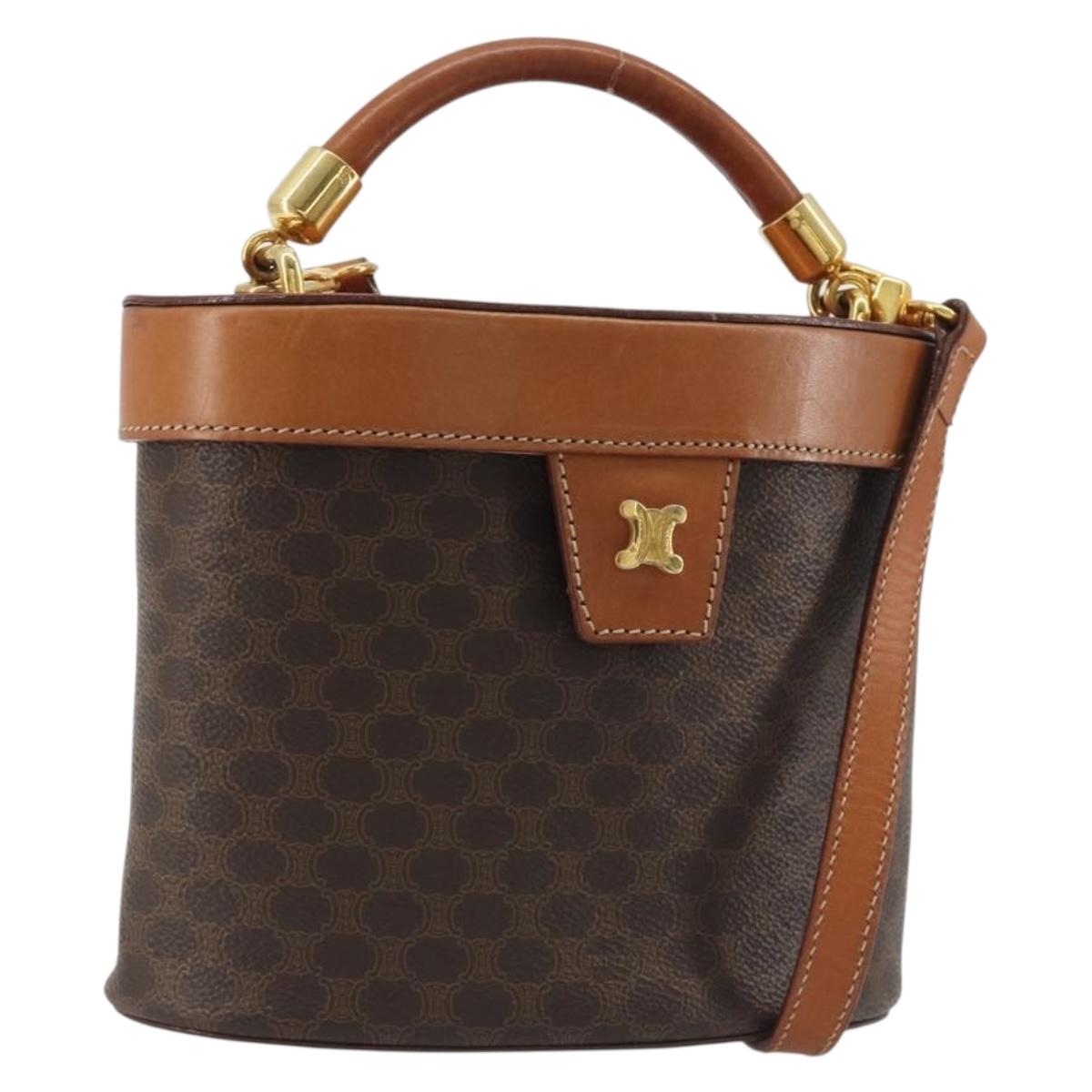 CELINE Macadam Vanity Hand Bag PVC Leather 2way Brown Gold Tone Auth 191738V