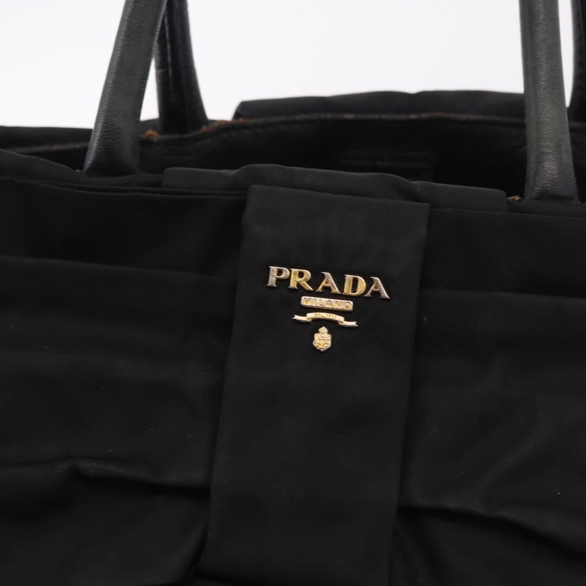 PRADA Ribbon Hand Bag Nylon Black Gold Tone Auth 191747