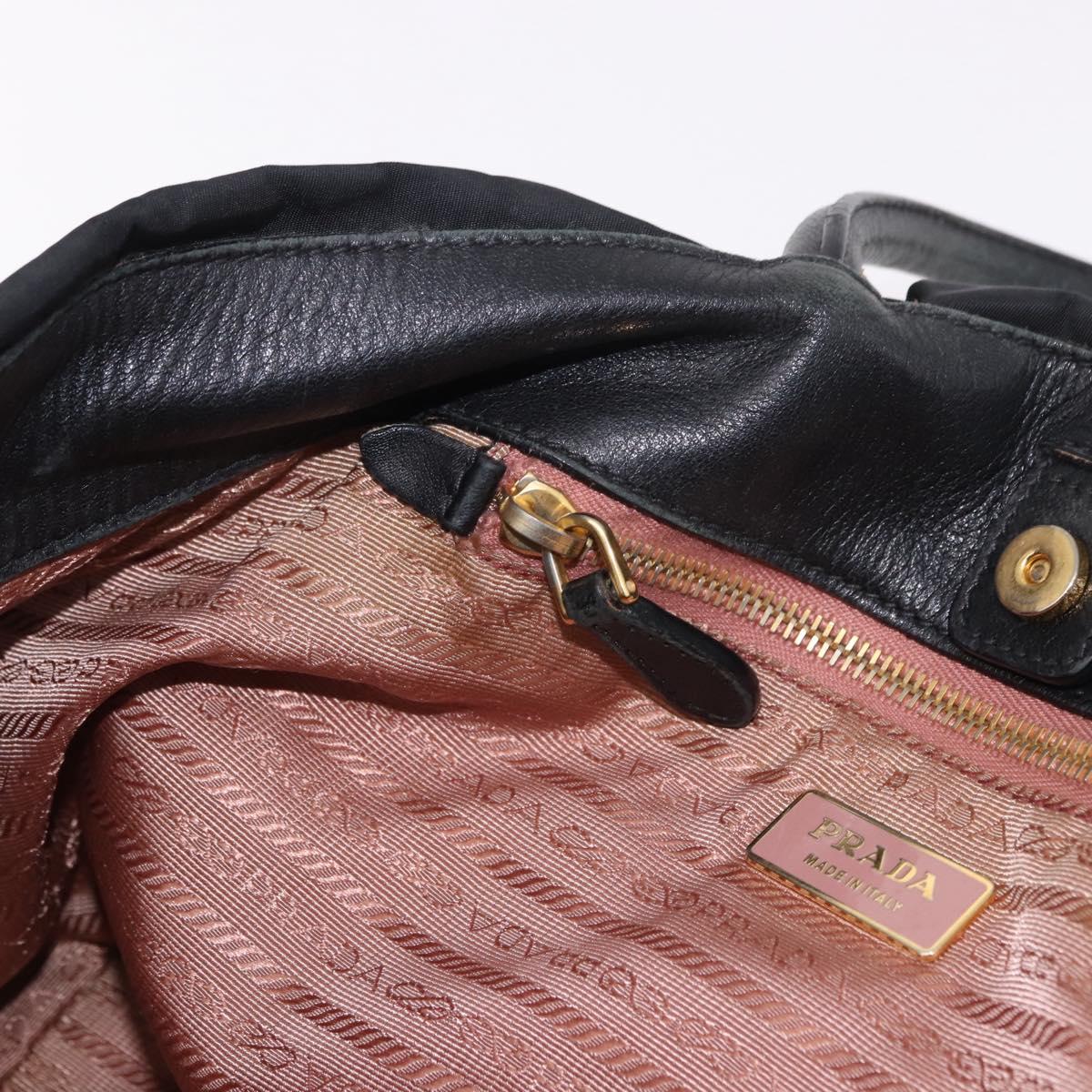 PRADA Ribbon Hand Bag Nylon Black Gold Tone Auth 191747
