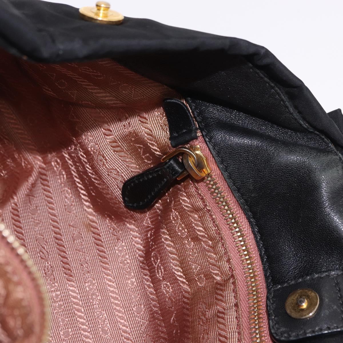 PRADA Ribbon Hand Bag Nylon Black Gold Tone Auth 191747