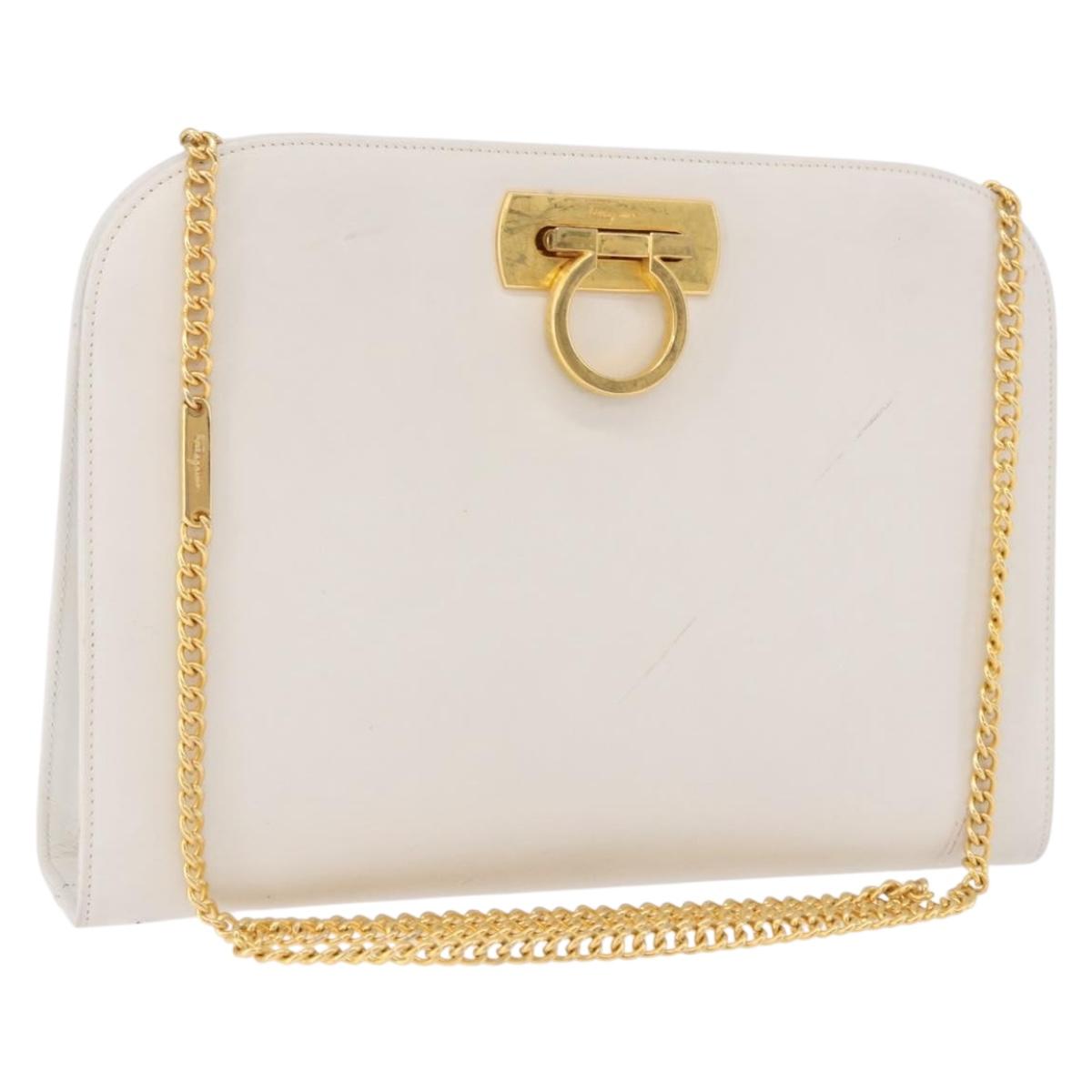 Salvatore Ferragamo Gancini Chain Shoulder Bag Leather White Gold Auth 191748