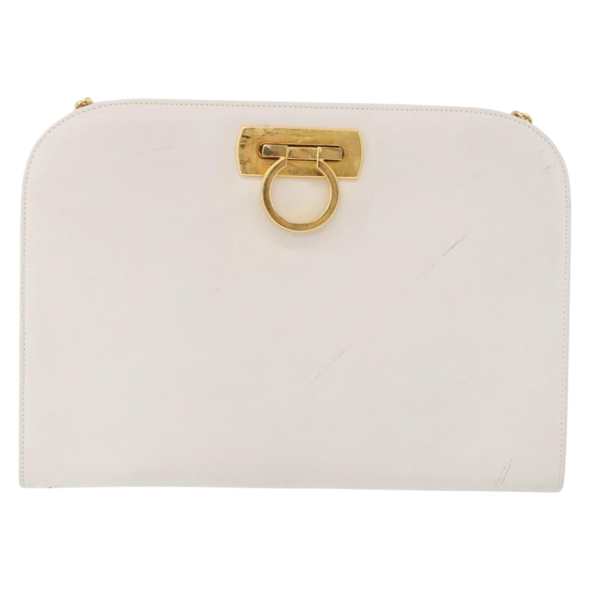 Salvatore Ferragamo Gancini Chain Shoulder Bag Leather White Gold Auth 191748