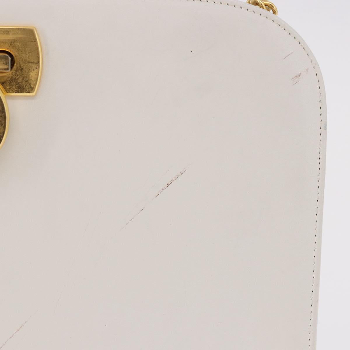 Salvatore Ferragamo Gancini Chain Shoulder Bag Leather White Gold Auth 191748