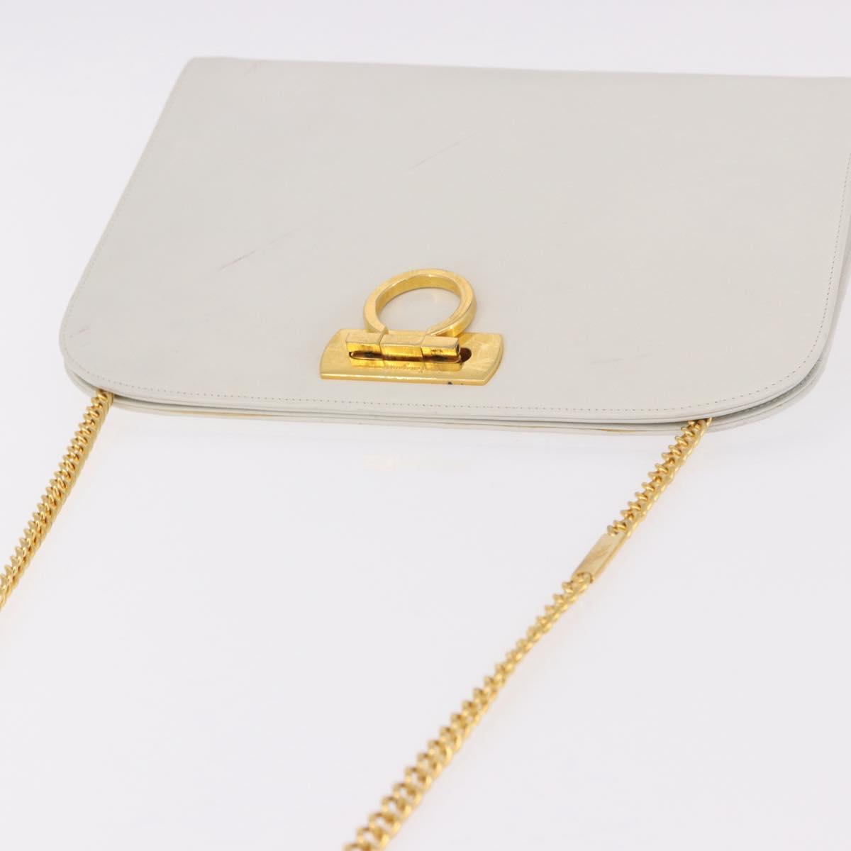 Salvatore Ferragamo Gancini Chain Shoulder Bag Leather White Gold Auth 191748