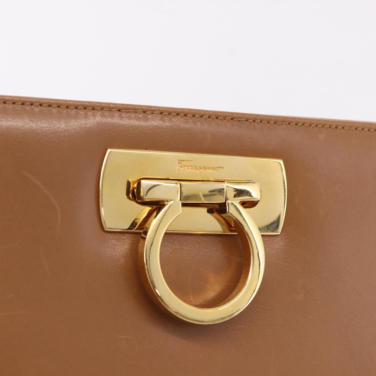 Salvatore Ferragamo Gancini Chain Shoulder Bag Leather Brown Gold Auth 191749