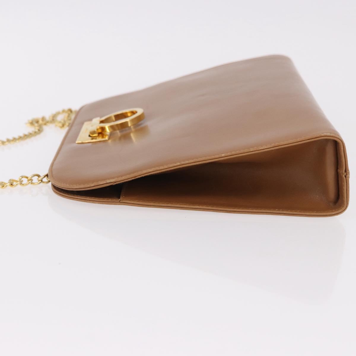 Salvatore Ferragamo Gancini Chain Shoulder Bag Leather Brown Gold Auth 191749