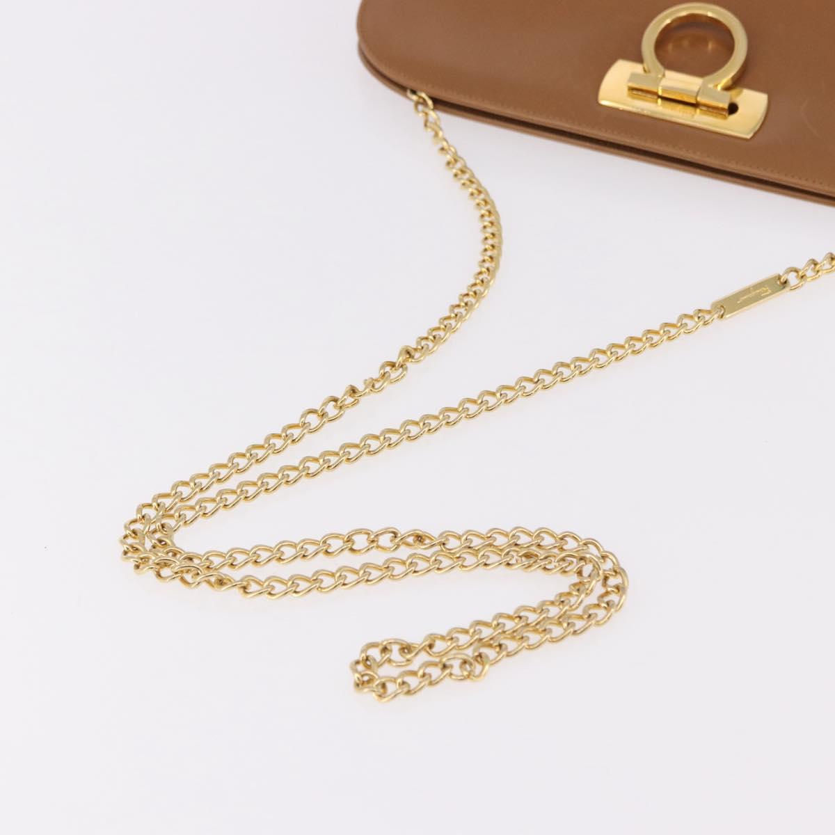 Salvatore Ferragamo Gancini Chain Shoulder Bag Leather Brown Gold Auth 191749
