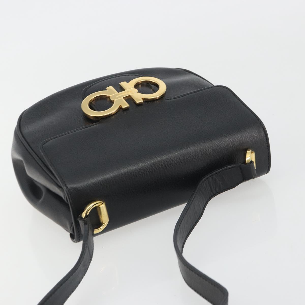 Salvatore Ferragamo Gancini Shoulder Bag Leather Black Gold Tone Auth 191754V