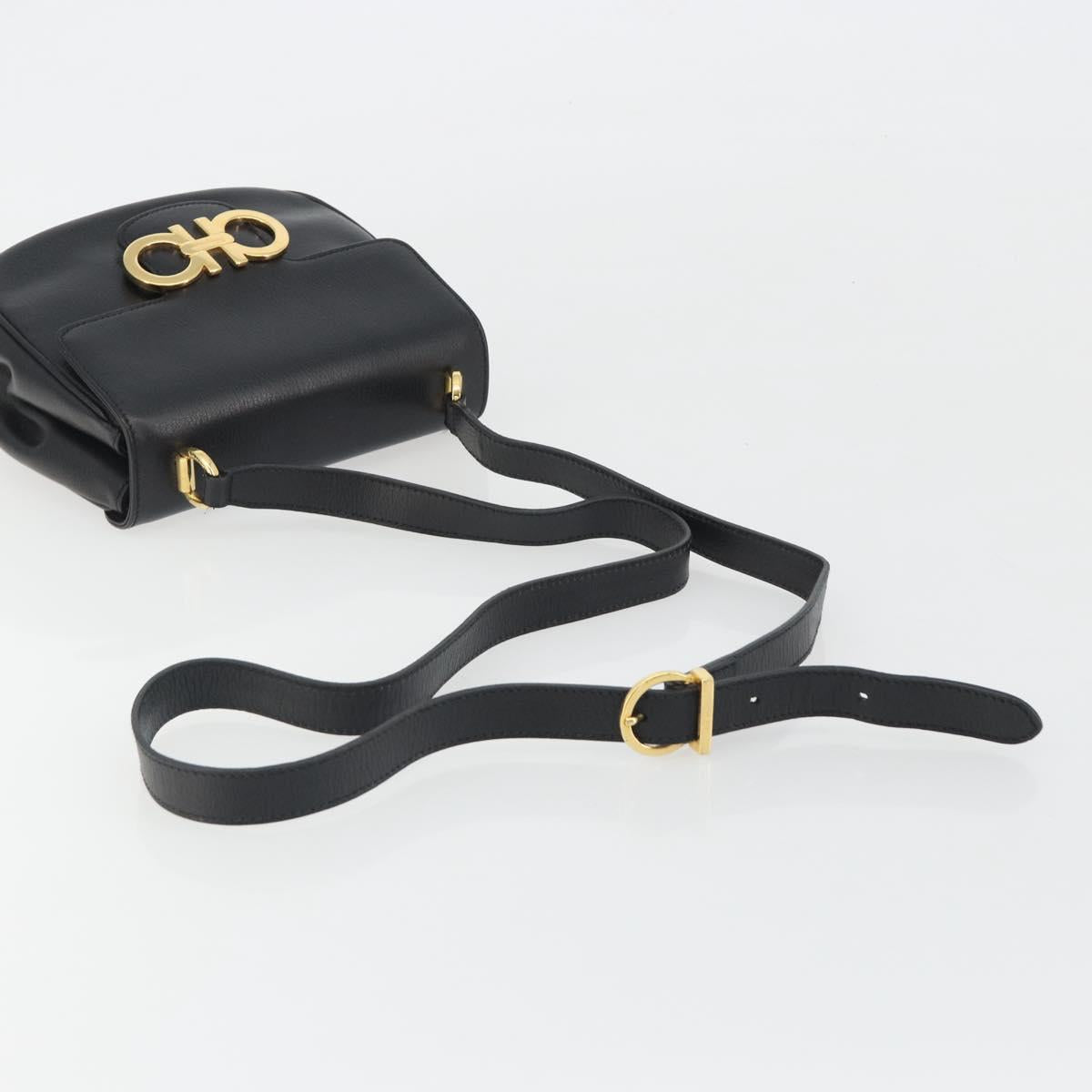 Salvatore Ferragamo Gancini Shoulder Bag Leather Black Gold Tone Auth 191754V