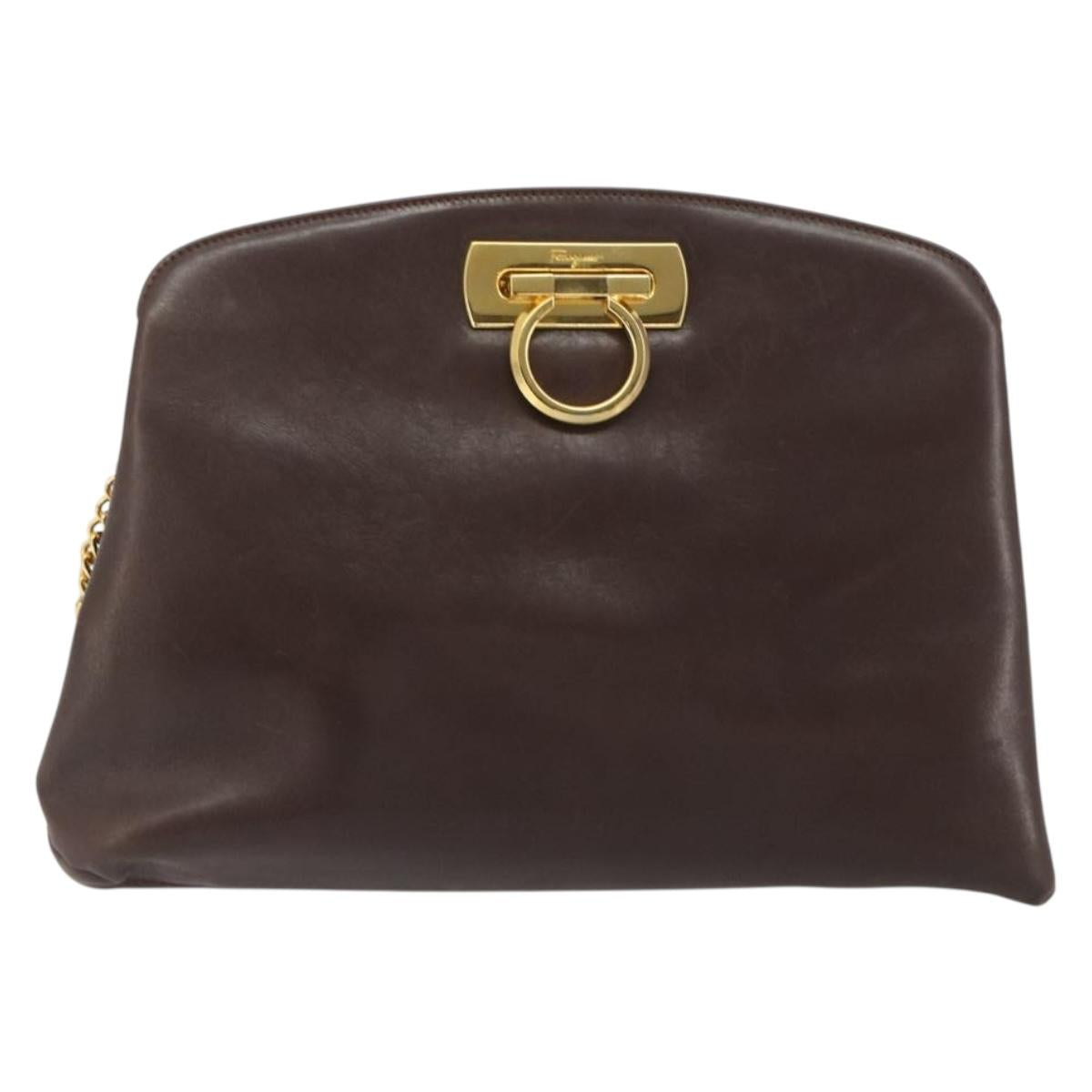 Salvatore Ferragamo Gancini Chain Shoulder Bag Leather Brown Gold Auth 191763