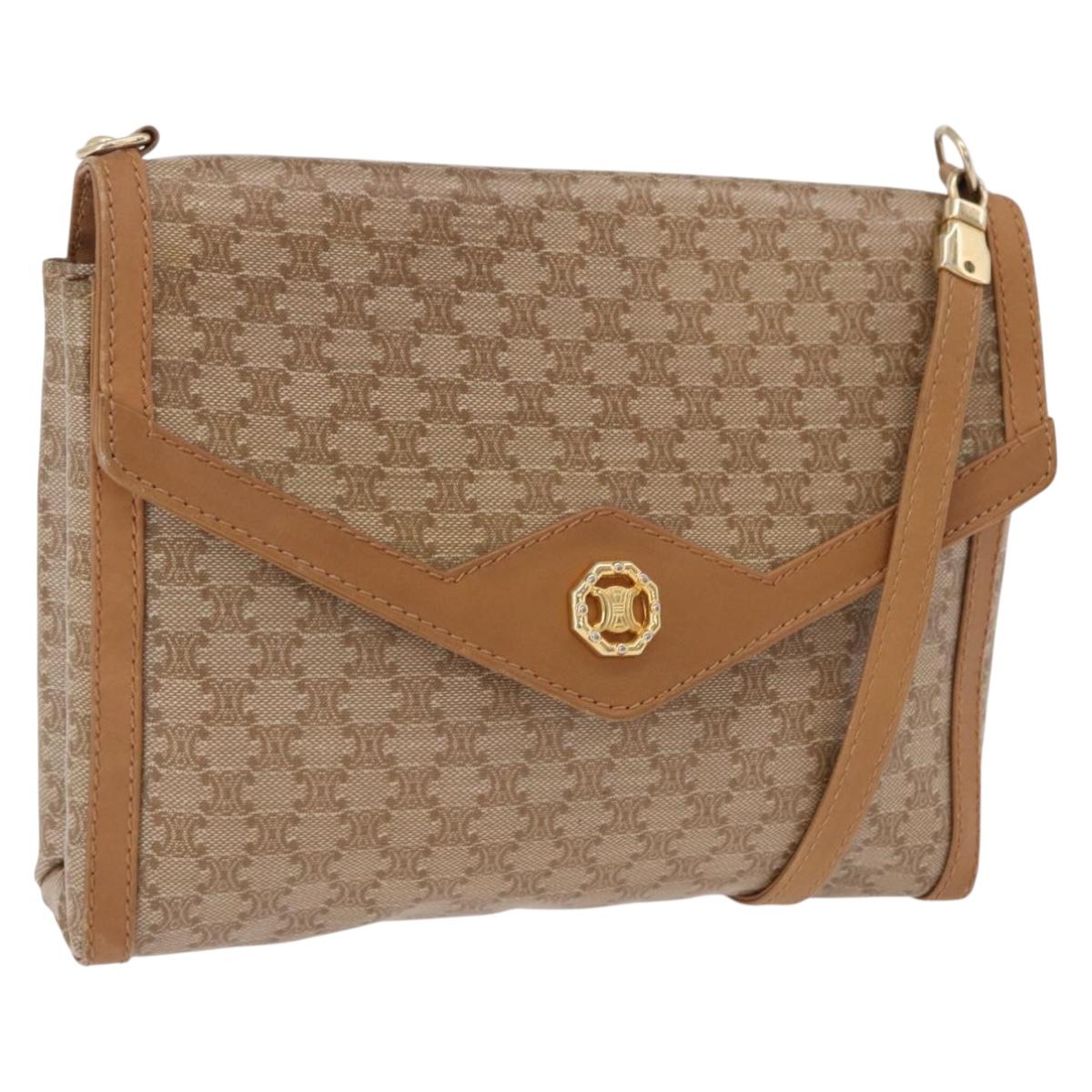 CELINE Macadam Shoulder Bag PVC Leather Beige Gold Tone Auth 191764A