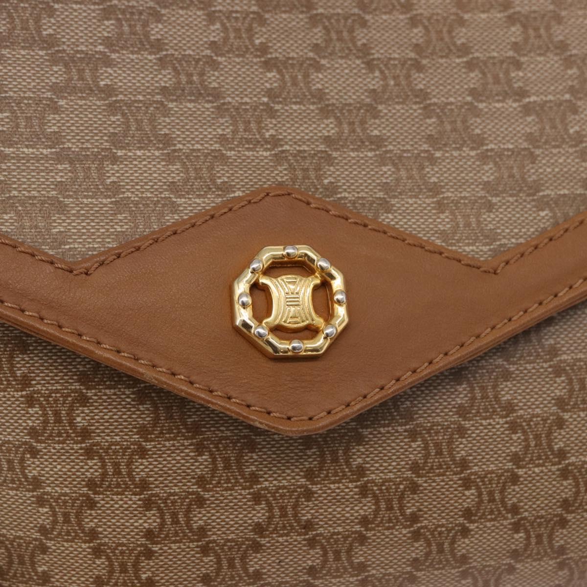 CELINE Macadam Shoulder Bag PVC Leather Beige Gold Tone Auth 191764A
