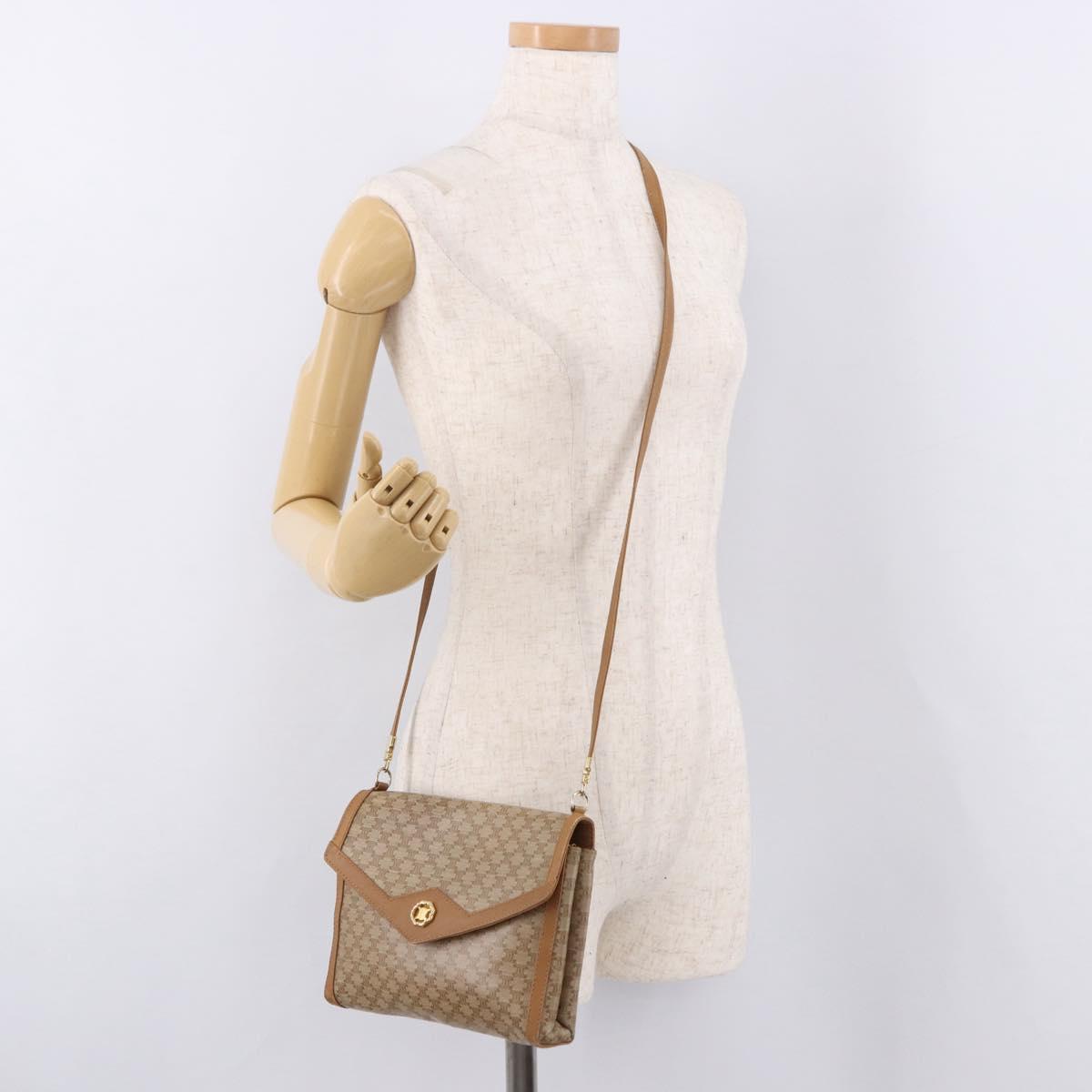 CELINE Macadam Shoulder Bag PVC Leather Beige Gold Tone Auth 191764A