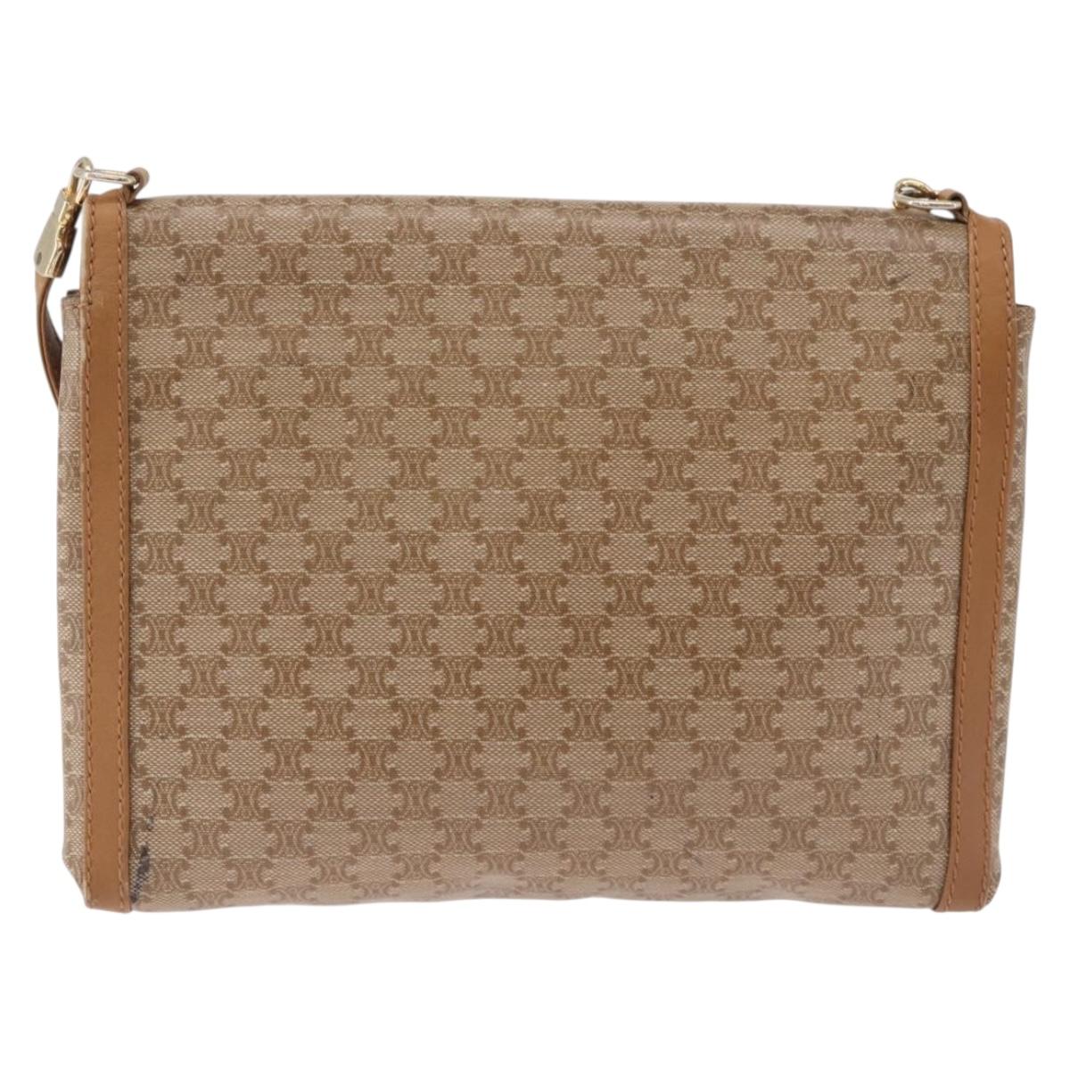 CELINE Macadam Shoulder Bag PVC Leather Beige Gold Tone Auth 191764A