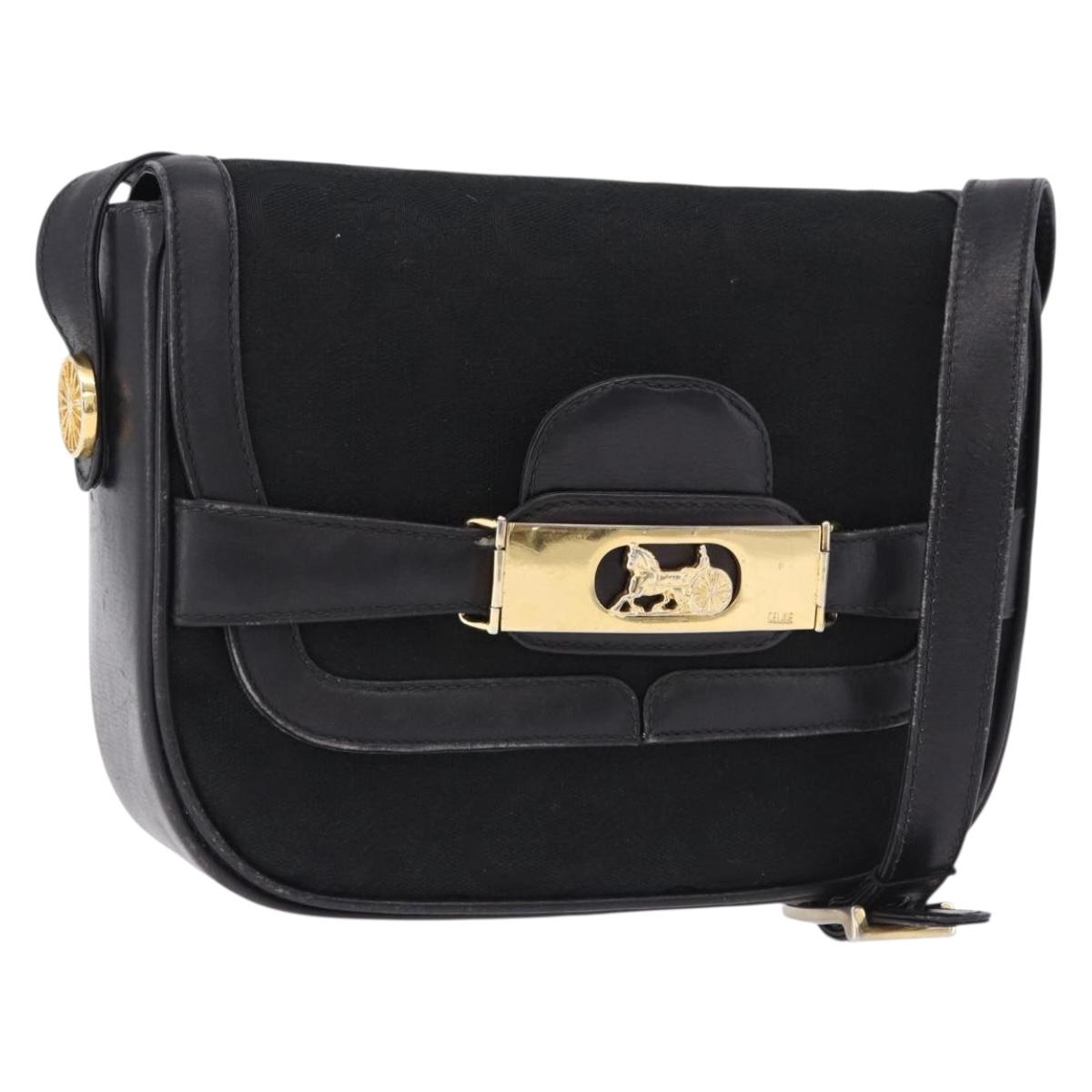 CELINE C Saluki Horse Carriage Shoulder Bag Black Gold Tone Auth 191767A