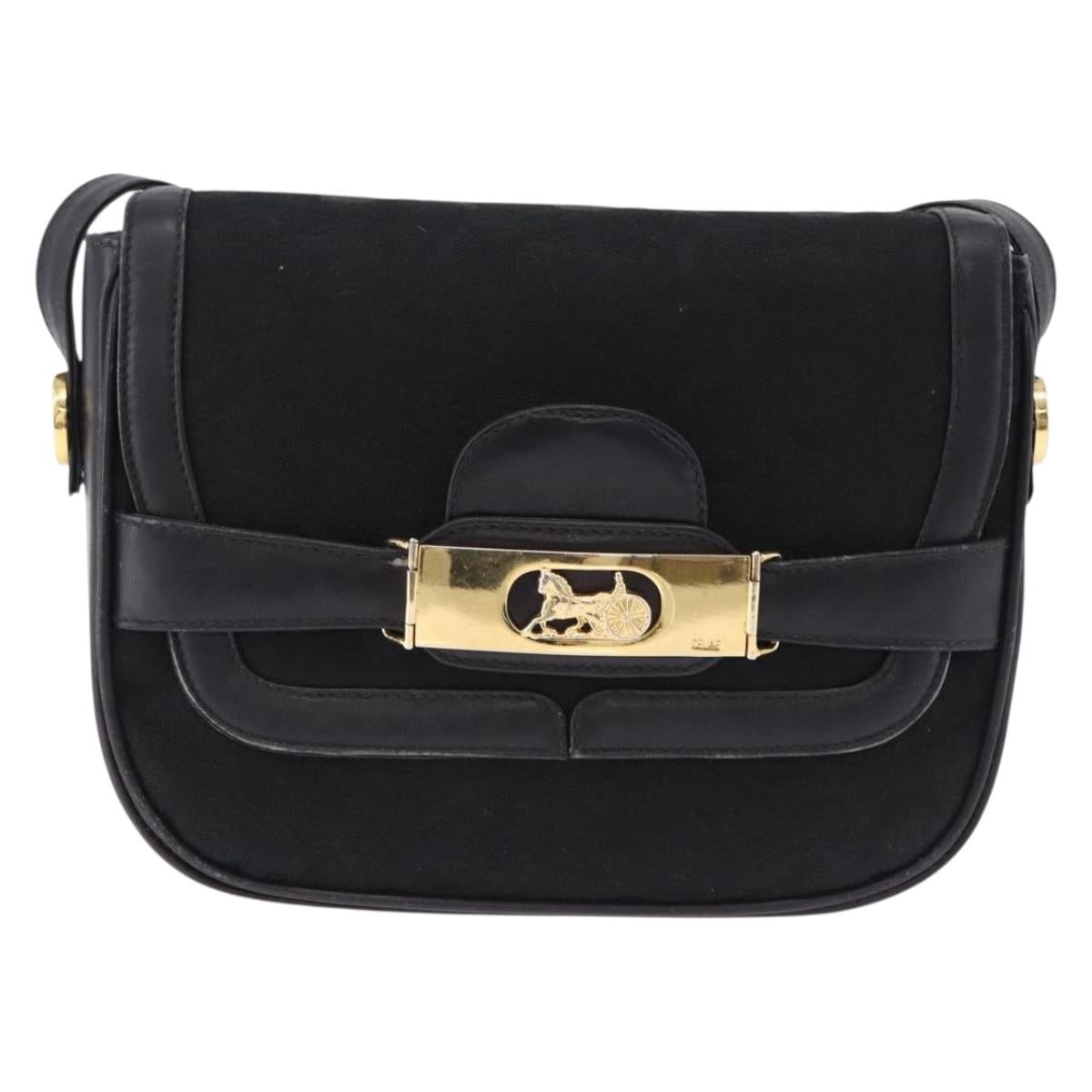 CELINE C Saluki Horse Carriage Shoulder Bag Black Gold Tone Auth 191767A