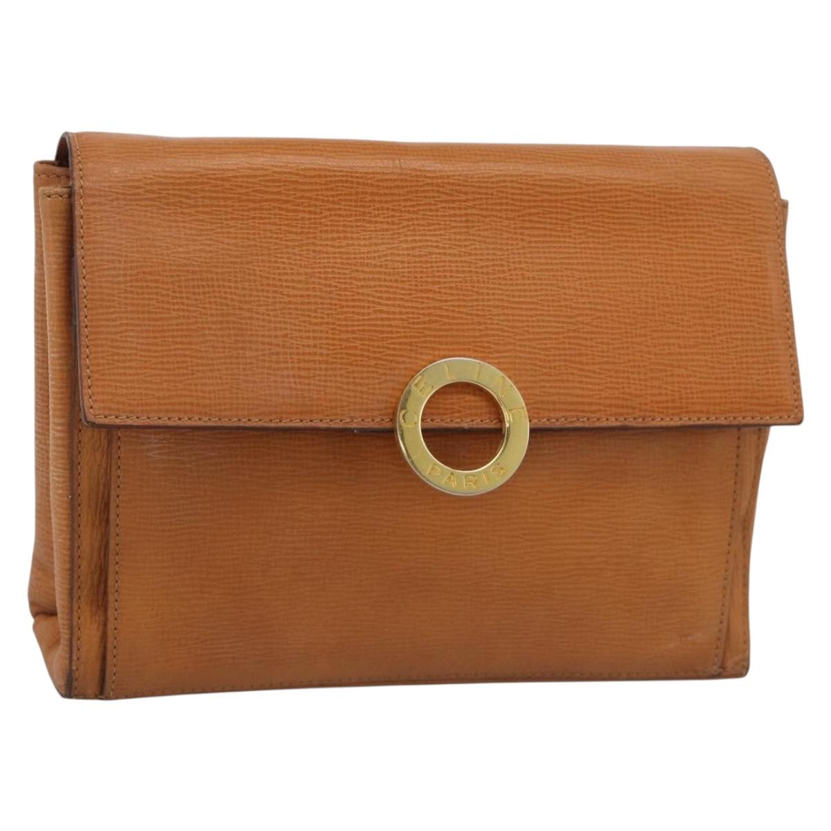 CELINE Circle Shoulder Bag Leather Brown Gold Tone Auth 191769