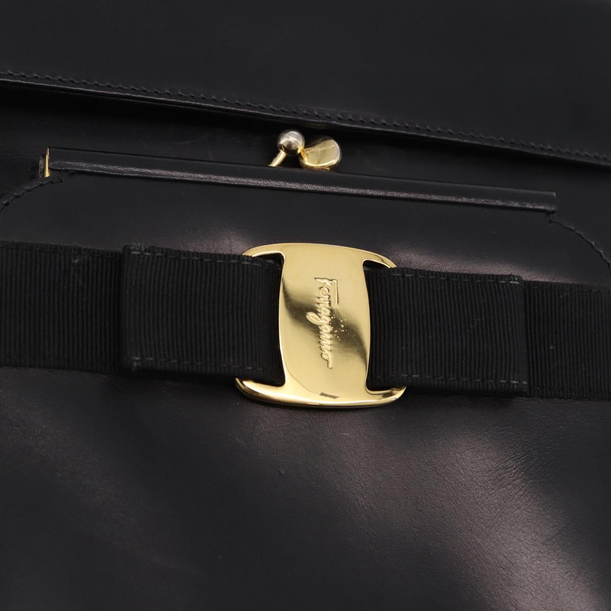 Salvatore Ferragamo Vala Hand Bag Leather 2way Black Gold Tone Auth 191779A