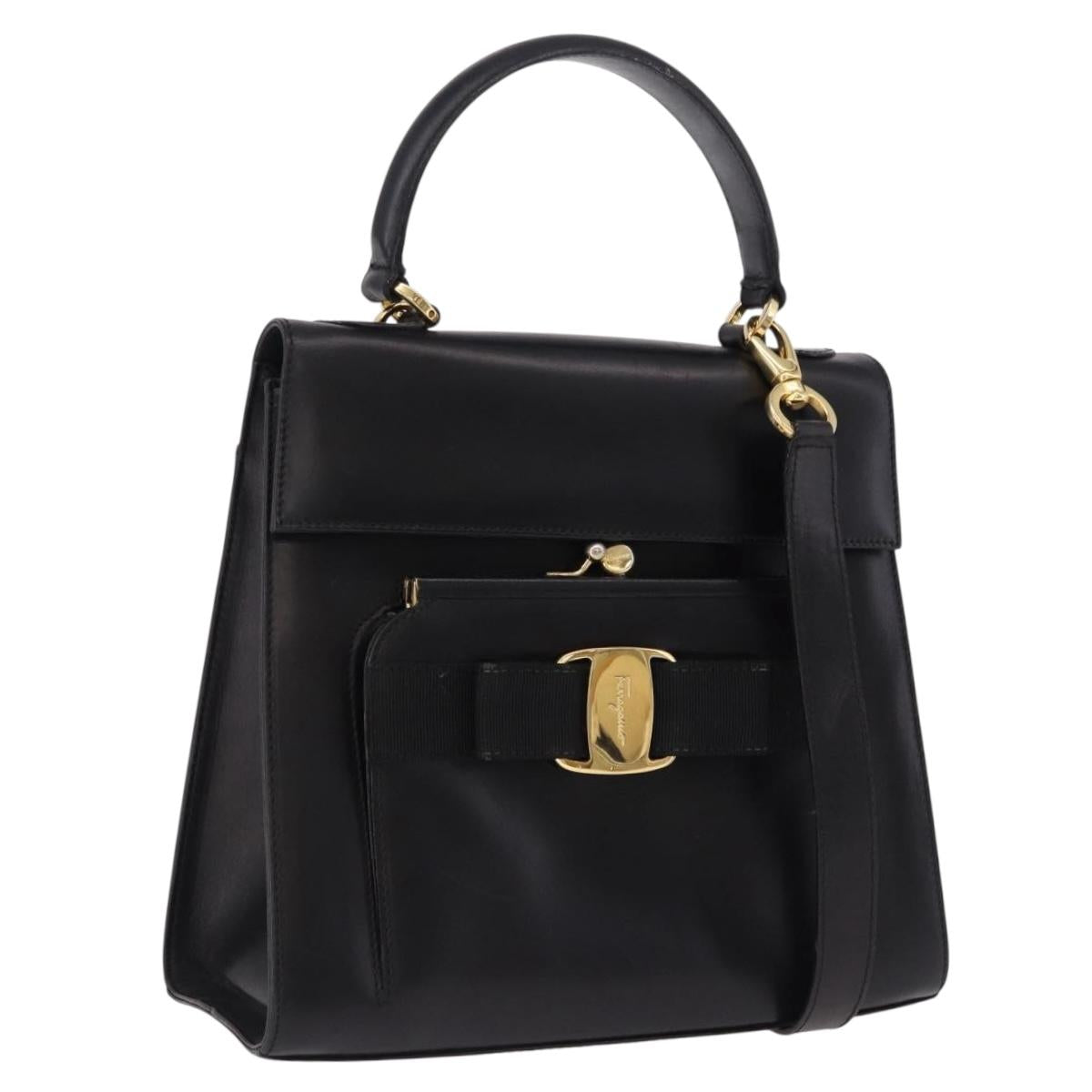 Salvatore Ferragamo Vala Hand Bag Leather 2way Black Gold Tone Auth 191779A