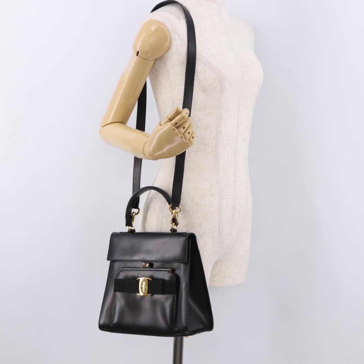 Salvatore Ferragamo Vala Hand Bag Leather 2way Black Gold Tone Auth 191779A