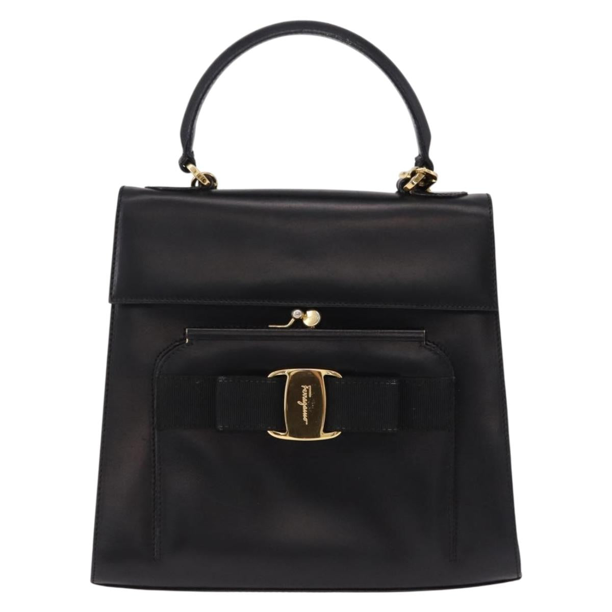 Salvatore Ferragamo Vala Hand Bag Leather 2way Black Gold Tone Auth 191779A
