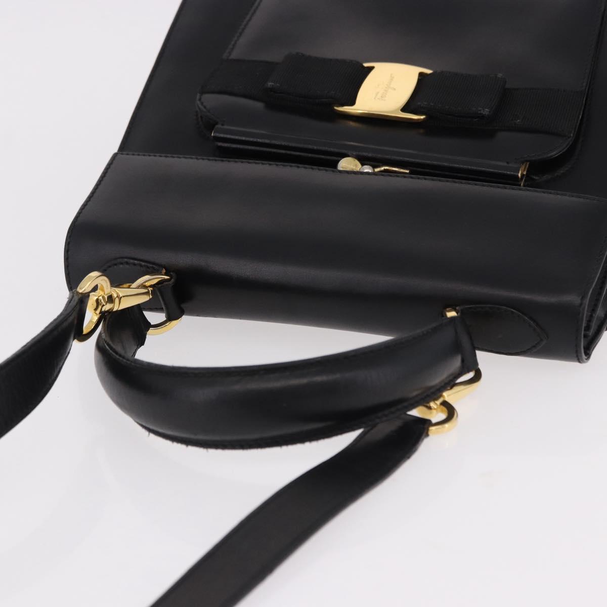 Salvatore Ferragamo Vala Hand Bag Leather 2way Black Gold Tone Auth 191779A