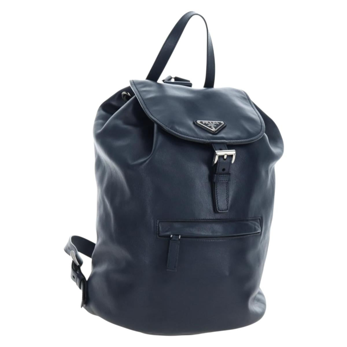 PRADA Backpack Leather Navy Silver Auth 191791V