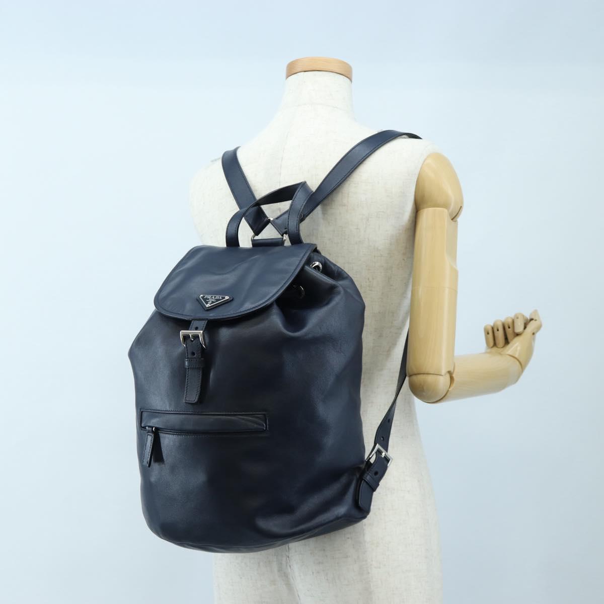 PRADA Backpack Leather Navy Silver Auth 191791V