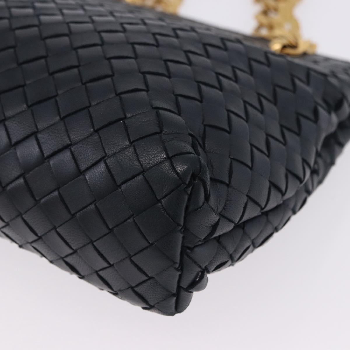 BOTTEGA VENETA INTRECCIATO Chain Shoulder Bag Leather Navy Gold Auth 191793V